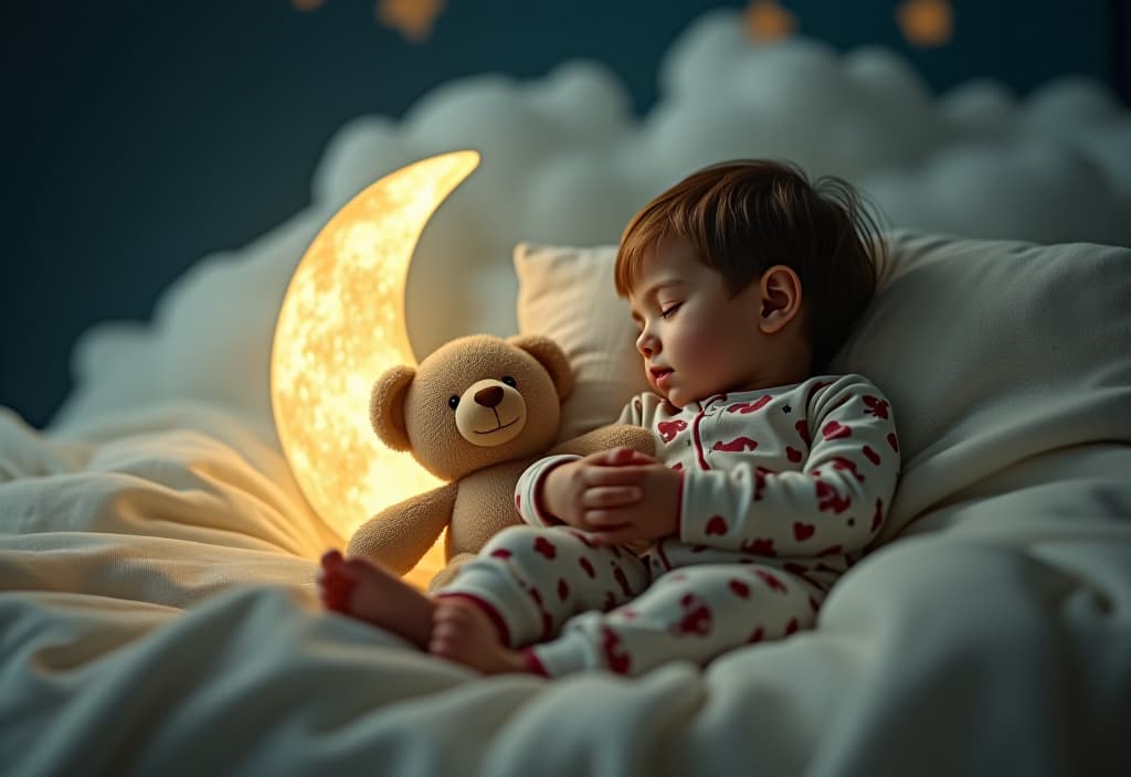  hyperrealistic art a little boy in a refugee pajama with bears and soft balls sleeping with a teddy bear on the moon. . extremely high resolution details, photographic, realism pushed to extreme, fine texture, incredibly lifelike hyperrealistic, full body, detailed clothing, highly detailed, cinematic lighting, stunningly beautiful, intricate, sharp focus, f/1. 8, 85mm, (centered image composition), (professionally color graded), ((bright soft diffused light)), volumetric fog, trending on instagram, trending on tumblr, HDR 4K, 8K