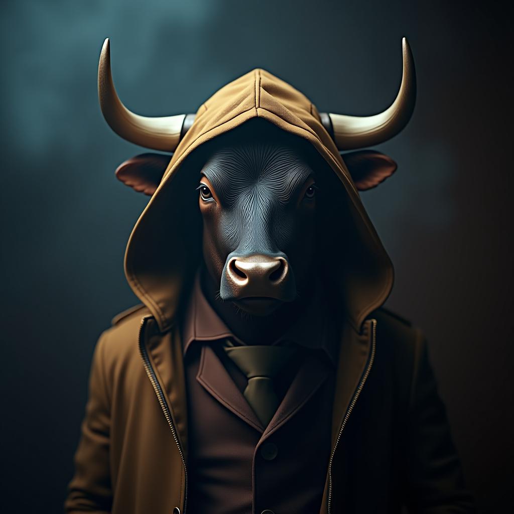  gentleman bull with hood. the word altcoinistbull is written hyperrealistic, full body, detailed clothing, highly detailed, cinematic lighting, stunningly beautiful, intricate, sharp focus, f/1. 8, 85mm, (centered image composition), (professionally color graded), ((bright soft diffused light)), volumetric fog, trending on instagram, trending on tumblr, HDR 4K, 8K