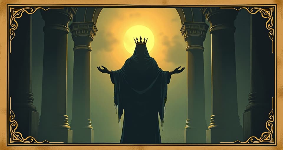  a crowned figure emerging from shadows into brilliant light, regal and powerful, acceptance, realization, emergence. an illustration in the style of a worn, mystical old tarot trump card, mysterious and elements of surrealism. the colors are muted, somber and eerie, but with contrast bring out an occult and esoteric vibe.