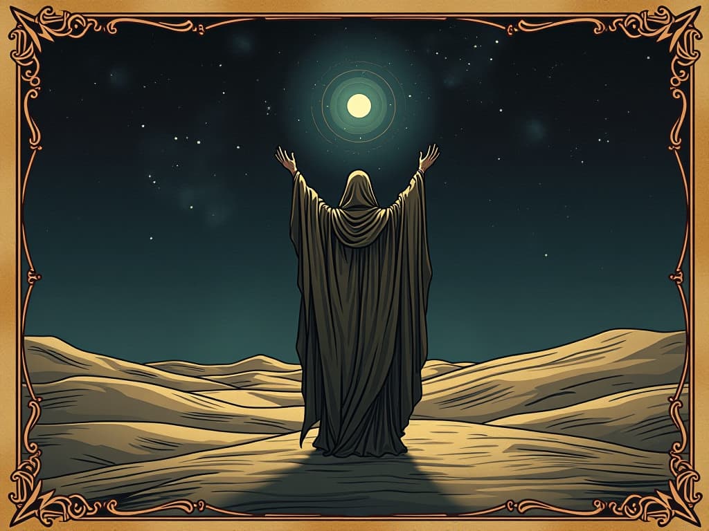  desert landscape, robed sufi mystic standing, arms raised, twilight sky filled with stars, serene aura, profound spirituality. an illustration in the style of a worn, mystical old tarot trump card, mysterious and elements of surrealism. the colors are muted, somber and eerie, but with contrast bring out an occult and esoteric vibe.