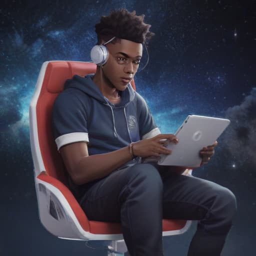 Dark skin anime guy sitting on a gaming chair playing games on a tablet in Cartoon style with Space background