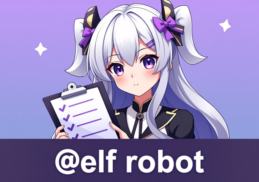  good quality, high quality, a thumbnail featuring emilia from re:zero, with her silver hair and purple eyes, holding a stylized clipboard with a checklist. the background is a soft gradient of purple and blue. a bold banner at the bottom reads, "no.1 telegram group management bot @elf robot" in large, white font with a slight drop shadow.