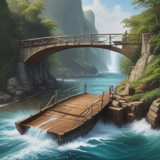 Waterfall bridge watercraft ocean in Oil painting style with Oceans background