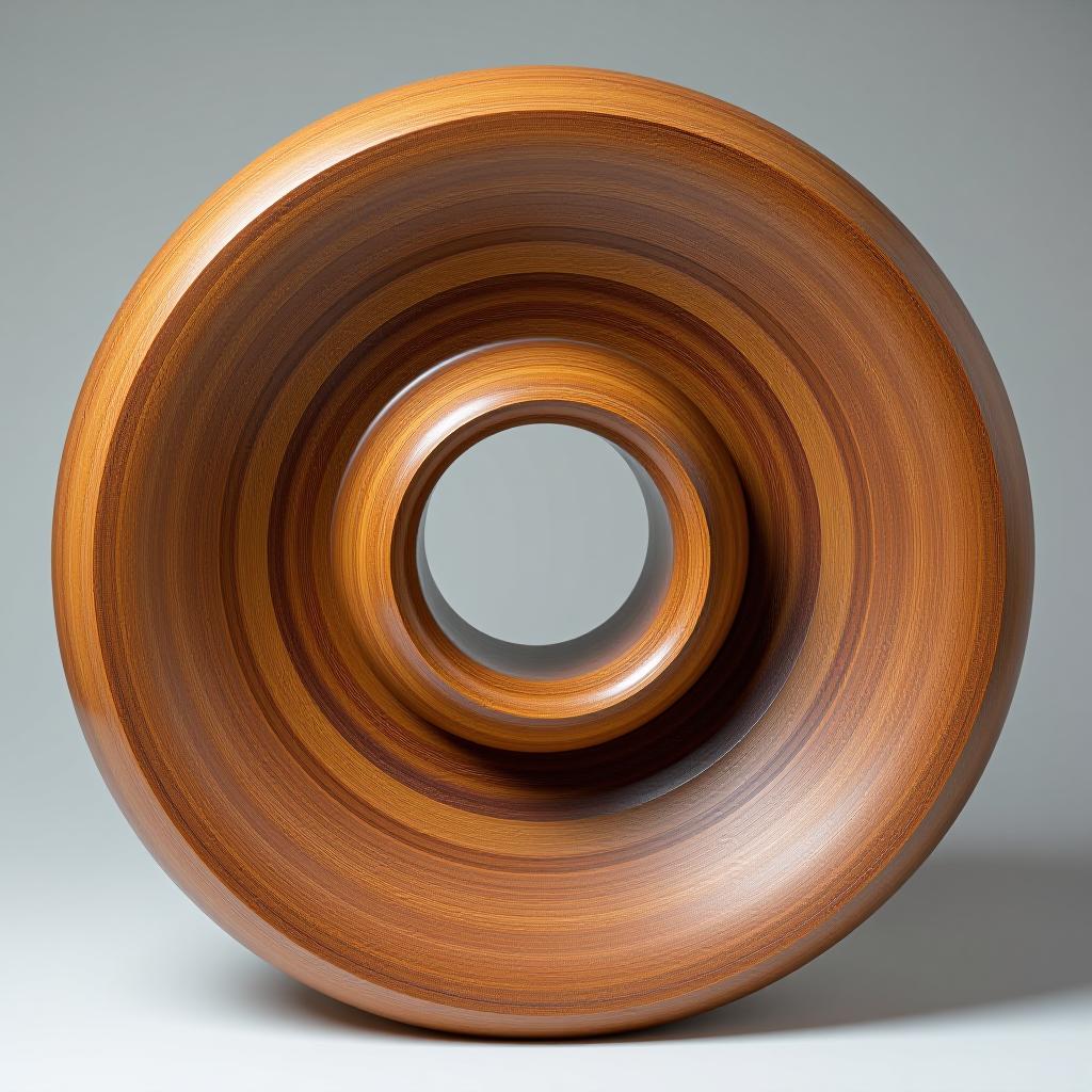  a wooden sculpture with a spiral shape and a hole in the middle