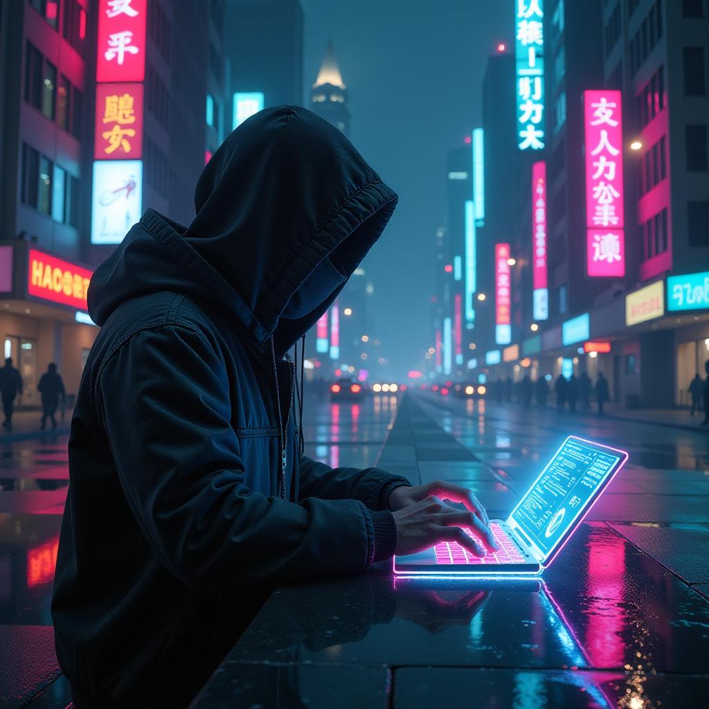  a dark, neon lit cyberpunk city with towering skyscrapers, neon signs, and holographic billboards. a futuristic hacker in a hood is typing on a glowing holographic keyboard, with streams of data swirling around. the background has faint rain, reflections on the streets, and glowing neon accents. hyperrealistic, full body, detailed clothing, highly detailed, cinematic lighting, stunningly beautiful, intricate, sharp focus, f/1. 8, 85mm, (centered image composition), (professionally color graded), ((bright soft diffused light)), volumetric fog, trending on instagram, trending on tumblr, HDR 4K, 8K