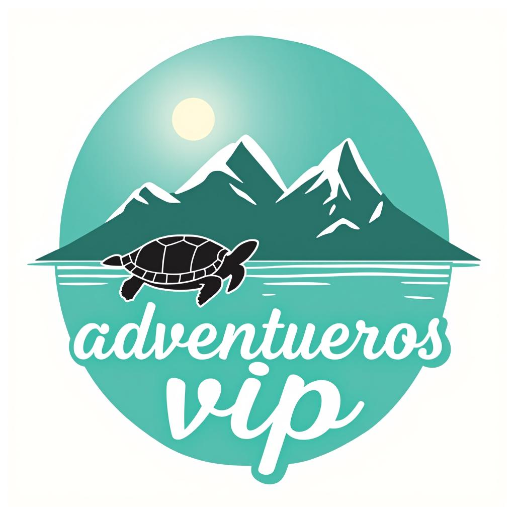  design a logo, haz un logo para viajes y full days que predomine una tortuga feliz, mar, montaña y sol, que tengan los colores turquesa, blanco , with the text 'aventureros vip'.