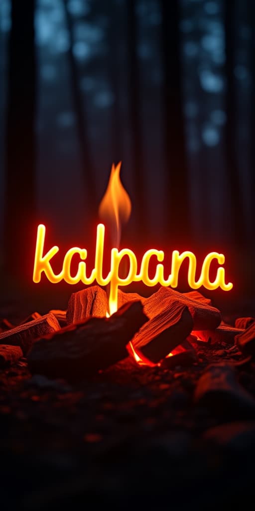  good quality, high quality, "kalpana" in glowing embers, formed out of burning firewood. the text radiates heat and light in a dark, nighttime forest setting. the background features flickering shadows of trees, while warm, orange tones dominate the scene with a sense of warmth and mystery.