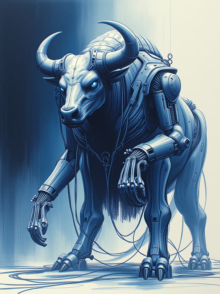  (highly detailed:1.3) (creepy mechanical minotaur:1.2), an (anthropomorphic bull:1.1) with (powerful electromechanical prostheses:1.3) and (intricate augmentations:1.2), surrounded by (cables:1.1) and (wires:1.2) that pulse with energy. the concept sketch is executed in (blue ballpoint pen:1.1) showcasing expert (shading:1.2), (cross hatching:1.3), and (stippling shades:1.2) to create deep (shadows:1.2) and a (volumetric image:1.3) that brings the creature to life. the minotaur's eyes glow with a menacing light, emphasizing its (mechanical features:1.3) as it stands in a dark, foreboding environment, the intricate details of its form captivating the viewer.