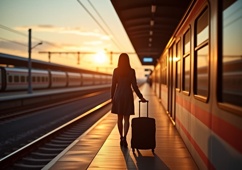  woman waiting on the station platform ,railroad transport concept, traveler.woman with suitcase walking at railroad station platform. travel to vacation by train,stand on platform waiting train in sky