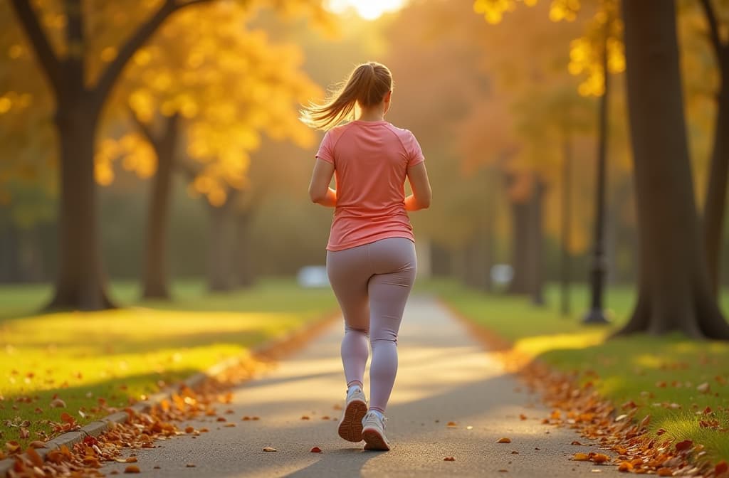  back view, plump woman in light sportswear full length portrait, jogging in autumn park ar 3:2 {prompt}, maximum details