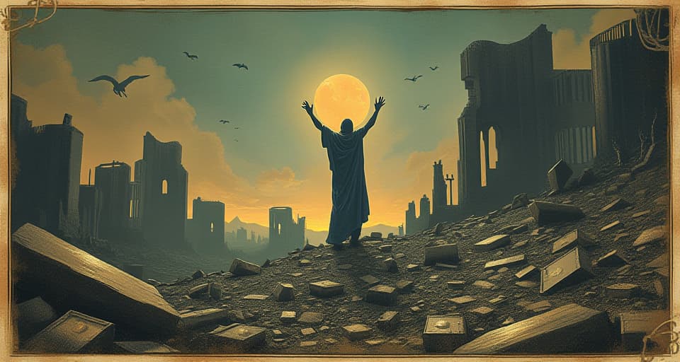  figure standing unbroken amidst ruins, signs of struggle and survival, unwavering stance, resilient and victorious, defied their attempts. an illustration in the style of a worn, mystical old tarot trump card, mysterious and elements of surrealism. the colors are muted, somber and eerie, but with contrast bring out an occult and esoteric vibe.