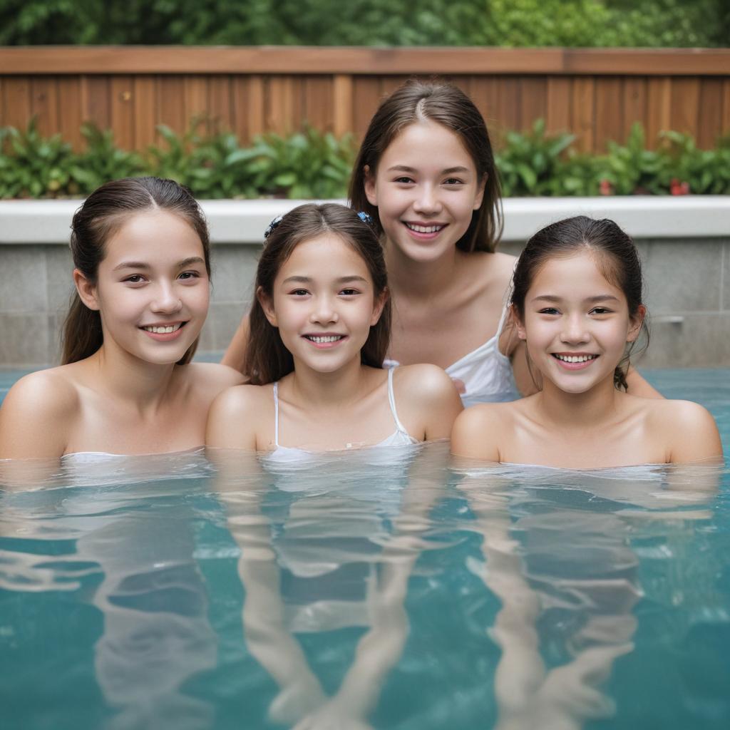 two white tween girls with one asian tween girl in a hot tub