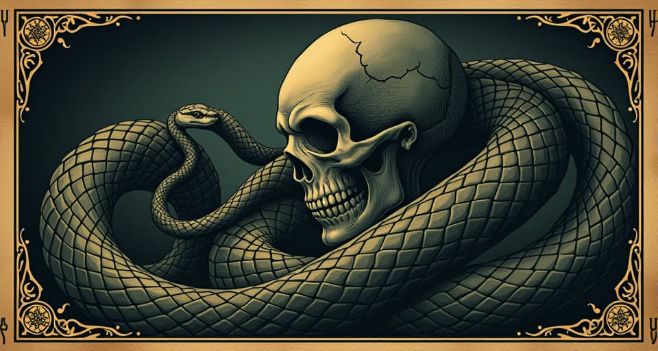  mind ensnared by serpent like coils, venomous, entrapping, dangerous allure. an illustration in the style of a worn, mystical old tarot trump card, mysterious and elements of surrealism. the colors are muted, somber and eerie, but with contrast bring out an occult and esoteric vibe.