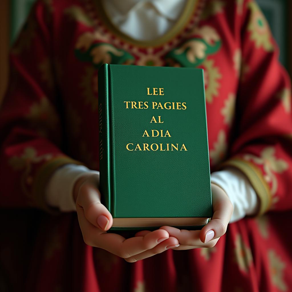  a small green book, which on the cover says the text lee tres paginas al dia carolina hyperrealistic, full body, detailed clothing, highly detailed, cinematic lighting, stunningly beautiful, intricate, sharp focus, f/1. 8, 85mm, (centered image composition), (professionally color graded), ((bright soft diffused light)), volumetric fog, trending on instagram, trending on tumblr, HDR 4K, 8K