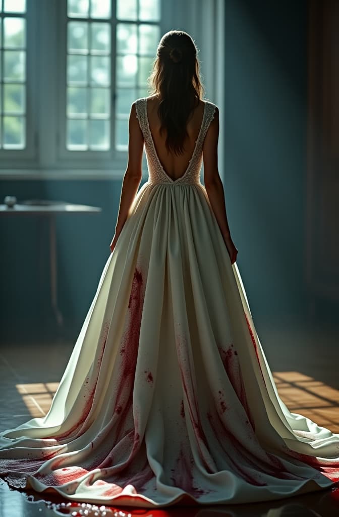  blood stained wedding dress hyperrealistic, full body, detailed clothing, highly detailed, cinematic lighting, stunningly beautiful, intricate, sharp focus, f/1. 8, 85mm, (centered image composition), (professionally color graded), ((bright soft diffused light)), volumetric fog, trending on instagram, trending on tumblr, HDR 4K, 8K