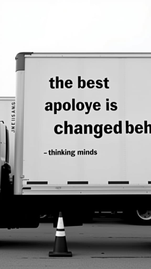  the image shows the side of a large truck, likely a moving truck or a delivery vehicle, with a message written on it in bold, uppercase black letters. the text reads: "the best apology is changed behavior." below this main text, in smaller, uppercase letters, there is a phrase that reads: "thinking minds." the photo is in black and white, and the truck is parked in an outdoor setting. there is another truck visible in the background, partially obscured by the first one. in the foreground, there is a traffic cone on the ground. the overall atmosphere is calm and neutral, with a focus on the message displayed on the truck.