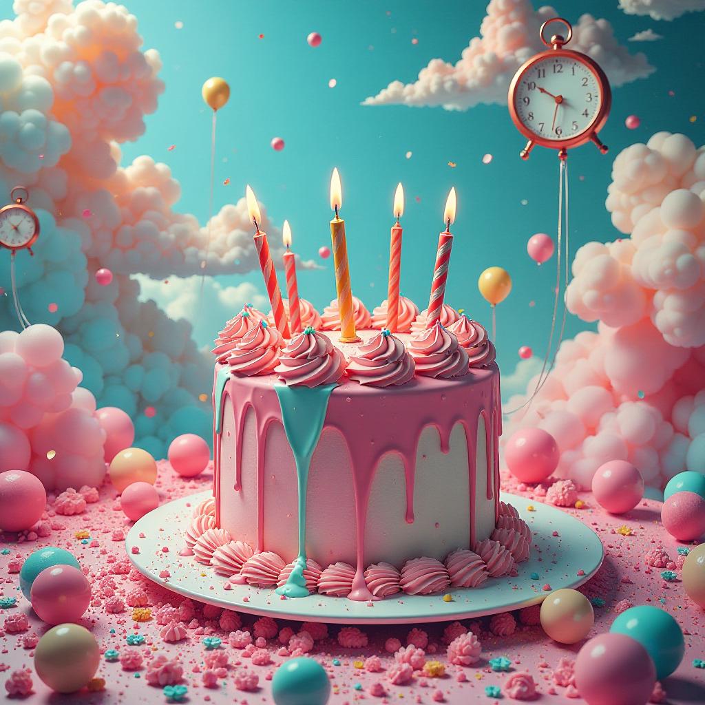  a vividly surreal scene featuring a dramatically smashed birthday cake, its vibrant frosting oozing and blending into a dream like landscape. the background is filled with floating balloons, distorted clocks, and whimsical colors that swirl together, creating an otherworldly atmosphere. ethereal light filters through a canopy of candy colored clouds, enhancing the surrealistic feel of this whimsical celebration gone awry.