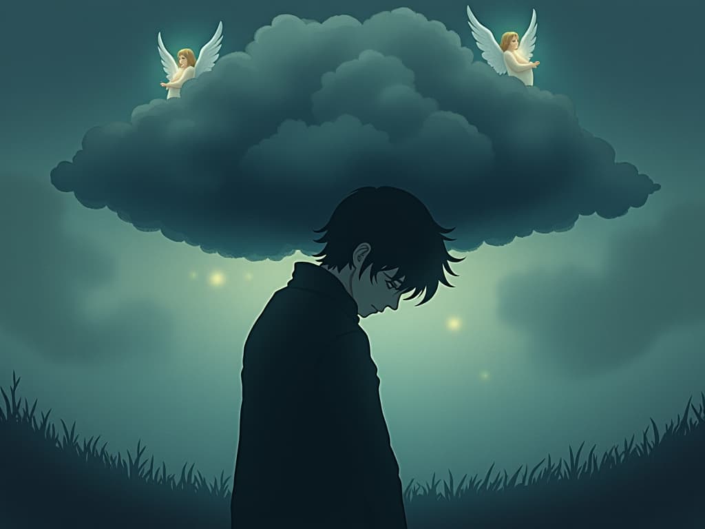  a person with a hunched posture, head bowed low, a heavy weight represented by a large, dark cloud pressing down on their shoulders. ethereal angels with soft, glowing auras, interwoven among the person's silhouette, bring a glimmer of light and hope. dark, overcast sky, sense of burden, hints of struggle and suffering. the style is a mix of watercolor and oil painting, occultism, ethereal anime artwork, mystical anime, mysterious studio anime