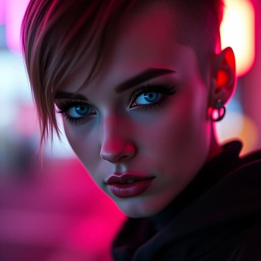  ultra realistic close up portrait ((beautiful pale cyberpunk female with heavy black eyeliner)), blue eyes, shaved side haircut, hyper detail, cinematic lighting, magic neon, dark red city, canon eos r3, nikon, f/1.4, iso 200, 1/160s, 8k, raw, unedited, symmetrical balance, in frame, 8k hyperrealistic, full body, detailed clothing, highly detailed, cinematic lighting, stunningly beautiful, intricate, sharp focus, f/1. 8, 85mm, (centered image composition), (professionally color graded), ((bright soft diffused light)), volumetric fog, trending on instagram, trending on tumblr, HDR 4K, 8K