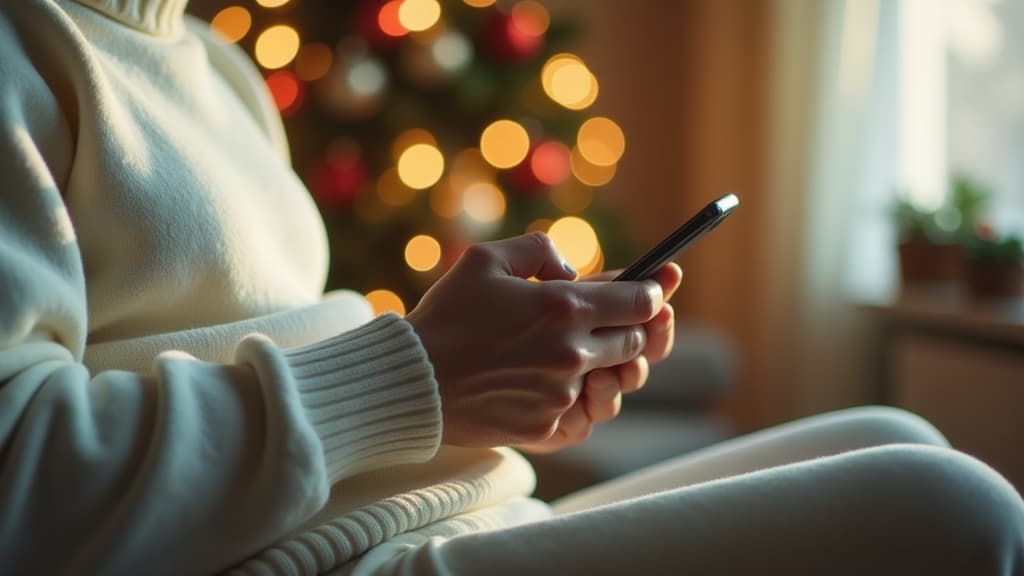  cinematic film style, close up male hands holding phone, white wool sweater, white christmas room in background, christmas lights and bokeh ar 16:9, shallow depth of field, vignette, maximum details, high budget hollywood movie, bokeh, cinemascope, moody, epic, gorgeous, sun rays and shadows on furniture and surfaces, flattering light, raw photo, photography, photorealistic, 8k resolution, f1.4, sharpened focus, sharp focus