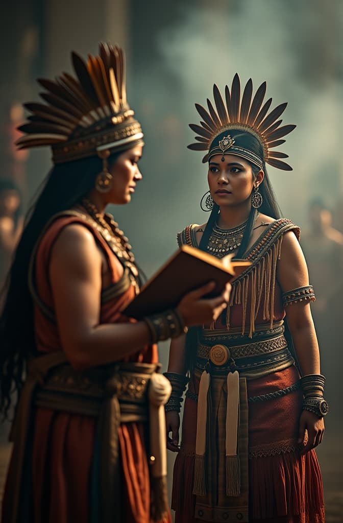  dos personas de la civilizacion azteca comunicandose usando la literatura prehispanica para transmitir oralmente conocimientos, valores, y tradiciones hyperrealistic, full body, detailed clothing, highly detailed, cinematic lighting, stunningly beautiful, intricate, sharp focus, f/1. 8, 85mm, (centered image composition), (professionally color graded), ((bright soft diffused light)), volumetric fog, trending on instagram, trending on tumblr, HDR 4K, 8K