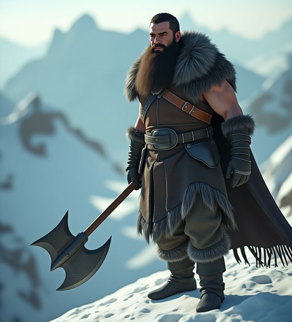  create a highly realistic close up render of a dark haired, bearded male barbarian standing on a snowy mountaintop, wielding a massive spiky axe. the barbarian should have a rugged, muscular build, with his hair and beard slightly frosted from the cold. his fur lined armor should be detailed, with visible textures of worn leather and metal, appropriate for a warrior in harsh, icy conditions. the scene should be styled as if filmed in the 1950s with super panavision 70, featuring a widescreen aspect ratio, deep contrasts, and dramatic, cinematic lighting. the snowy landscape should be vast and majestic, with towering, jagged peaks and swirling snow, evoking an epic, larger than life atmosphere. add a subtle vintage effect, with light film gr