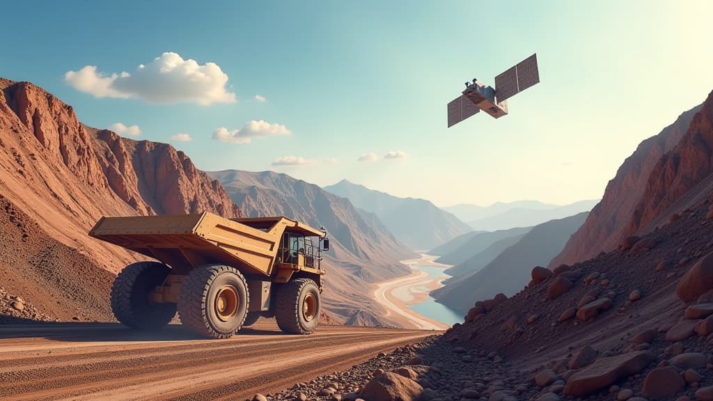  prompt: create a hyper realistic artistic composition showcasing the innovative mosmin project in the mining industry. the image should feature a dynamic scene with a satellite prominently visible in the sky, symbolizing the utilization of satellite data for monitoring mining activities. include detailed depictions of mining operations, such as excavators and trucks, emphasizing safety measures and environmental considerations. represent geotechnical instabilities and environmental pollution thr