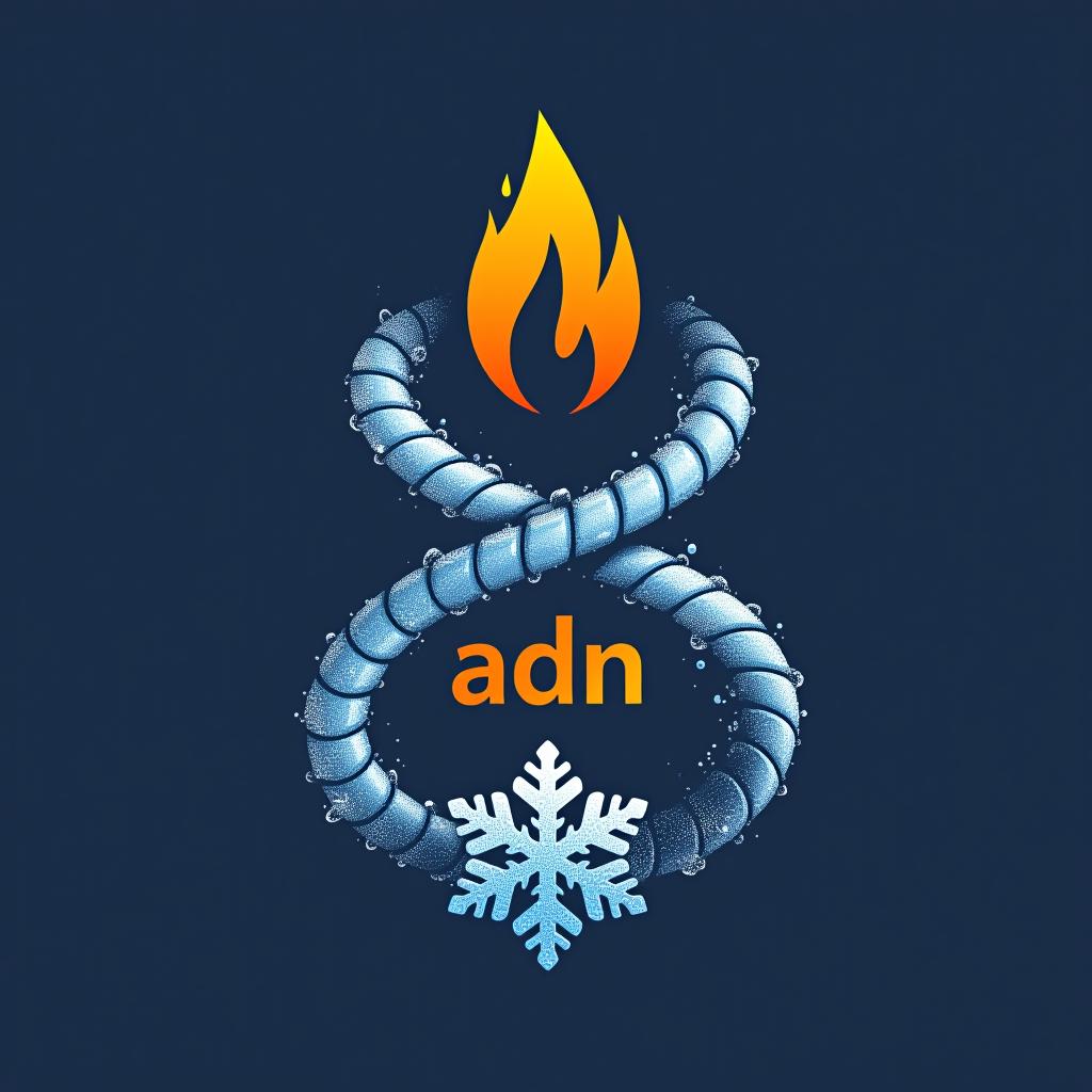  design a logo, logo represente une double helices adn. cette double helices est composée d'une flamme, d'une goutte d'eau et d'un flocon de neige, with the text 'adn '.