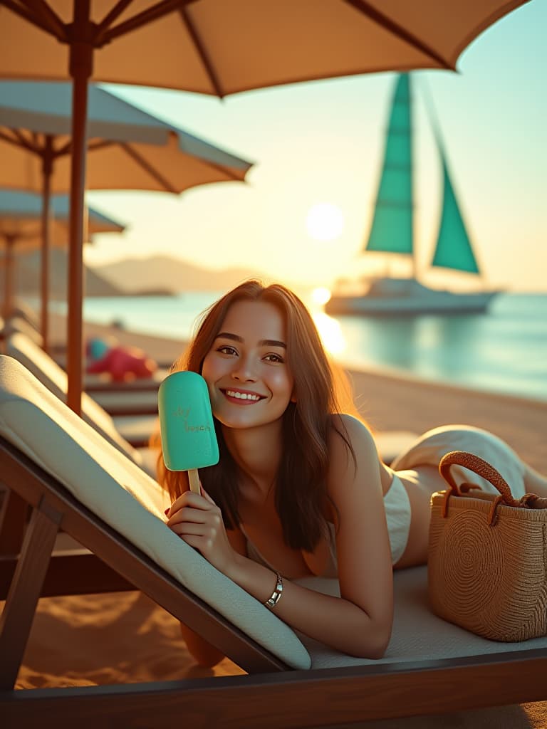  cinematic photo realistic image high detail, beautiful russian girl brown haired lies on a sun lounger joyfully holding a turquoise ice cream on a stick with the inscription in gold letters "sky beach", next to the girl four bright turquoise lipstick and a beach bag lie next to the girl, teak sun loungers, beige beach umbrellas, on the sea yacht with turquoise sail, sunset goes into the sea horizon, 8k ultra hd . 35mm photograph, film, bokeh, professional, 4k, highly detailed