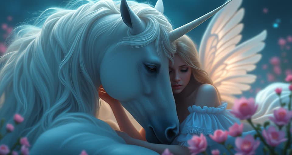  close up of an ethereal unicorn, its eyes closed, with a weary expression. nearby, a graceful angel with glowing wings and a flowing translucent gown rests her head against the unicorn, both appearing tired and forlorn, glowing flowers softly illuminating the night around them.. the style is digital art illustration,highly detailed, whimsical,magical, dreamlike atmosphere, realism and fantasy blend, smooth, glossy textures,luminous quality, wonder and enchantment.