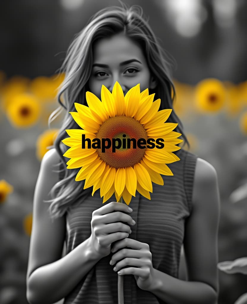  selective colouring photo of woman holding a sunflower, yellow sunflower, monochrome, garden in background. large black letters across the sunflower, "happiness". hyperrealistic, full body, detailed clothing, highly detailed, cinematic lighting, stunningly beautiful, intricate, sharp focus, f/1. 8, 85mm, (centered image composition), (professionally color graded), ((bright soft diffused light)), volumetric fog, trending on instagram, trending on tumblr, HDR 4K, 8K