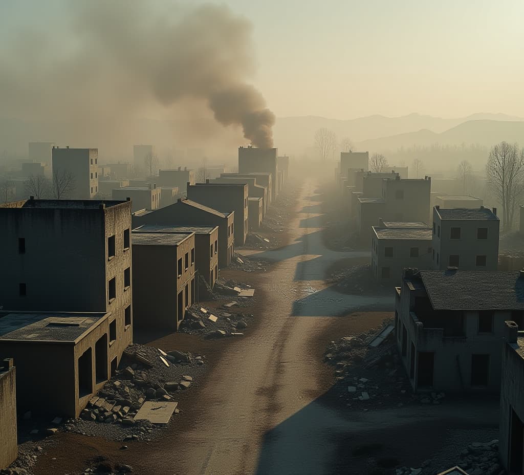  destroyed town with collapsing structures after war.