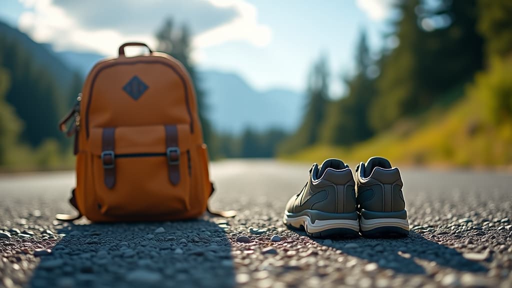  sneakers and backpack on the mountain road, summer trip concept