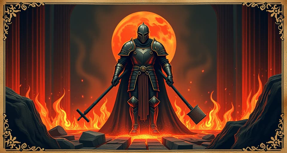  an imposing forge with flames, a suit of armor being hammered by divine force, glowing red and orange hues, sparks flying, intense craftsmanship, forging strength, divine fire. an illustration in the style of a worn, mystical old tarot trump card, mysterious and elements of surrealism. the colors are muted, somber and eerie, but with contrast bring out an occult and esoteric vibe.