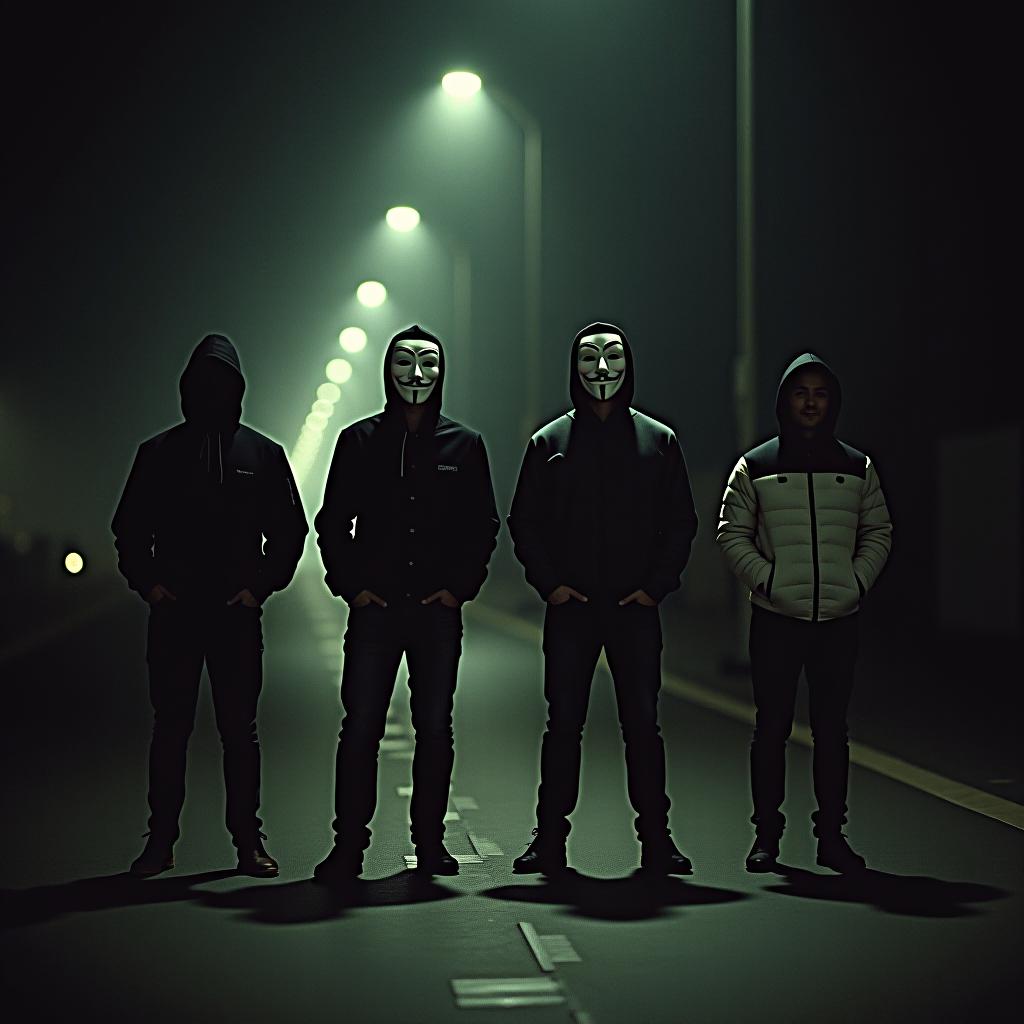  cinematic photo four men in anonymous masks stand and look at the ground, the dark background, the look of people from top to bottom . 35mm photograph, film, bokeh, professional, 4k, highly detailed