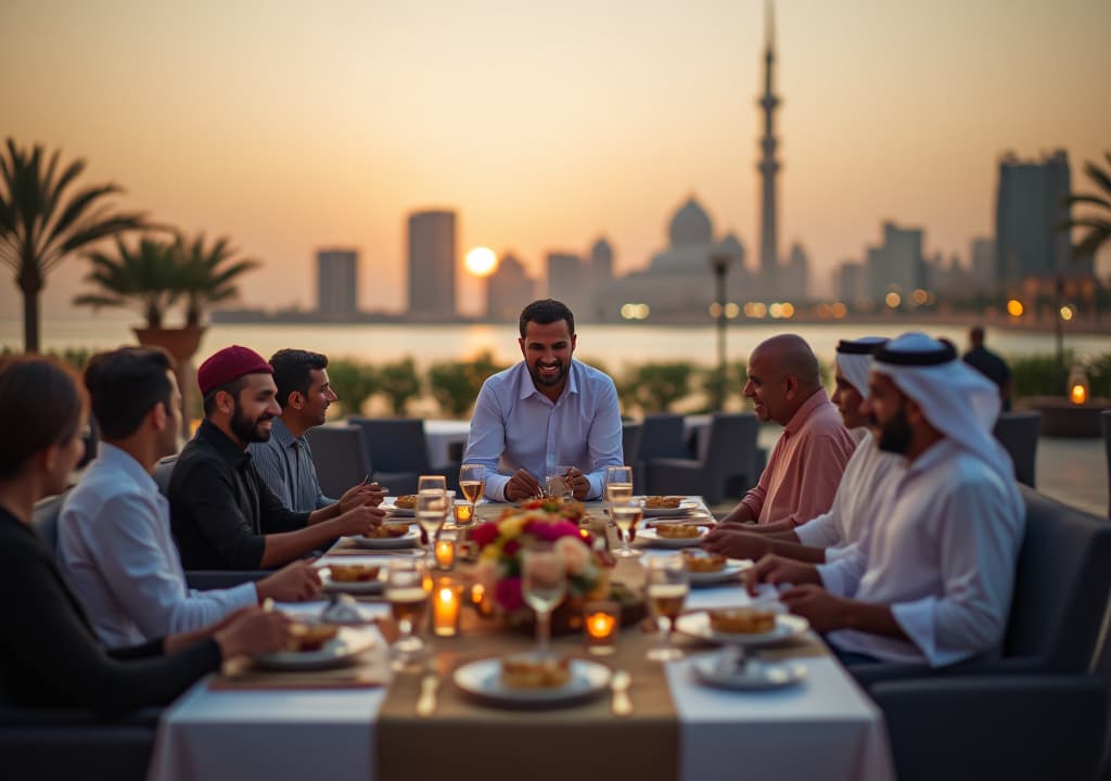  a family gathering in an outdoor sitting , family setting up tables, carrying plates with joy, for iftar of ramadan in an enchanting family joyful atmosphere with qatar landmark in the background, high quality, high details, hd, perfect composition, 4k epic detailed, highly detailed, sharp focus, high resolution