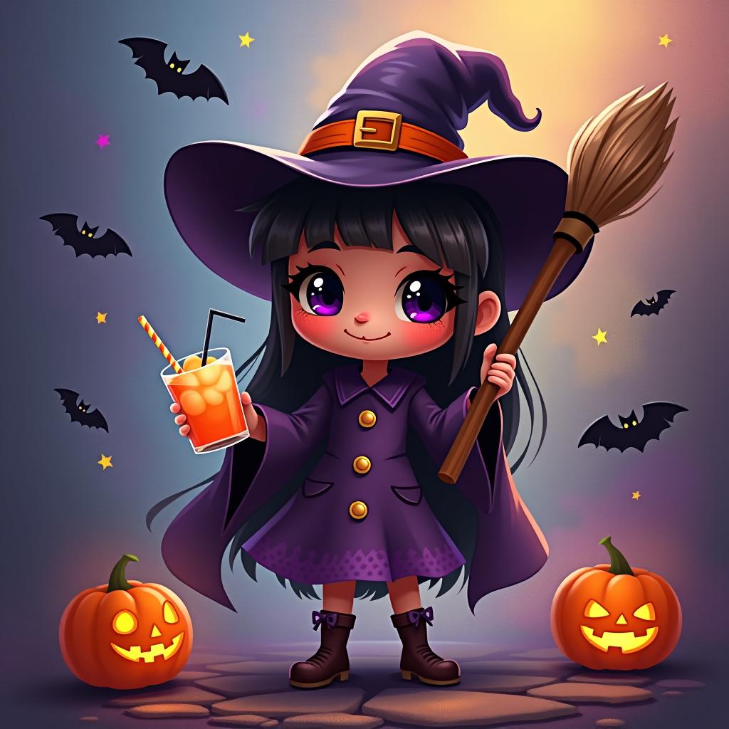  create a digital painting featuring a cute witch character. the witch should be wearing a hat. in one hand, the witch should hold a broomstick, and in the other hand, a halloween themed drink. the background should be colorful and include small black bats, pumpkins and stars to add a playful halloween touch. the overall style should be cute, whimsical, and colorful hyperrealistic, full body, detailed clothing, highly detailed, cinematic lighting, stunningly beautiful, intricate, sharp focus, f/1. 8, 85mm, (centered image composition), (professionally color graded), ((bright soft diffused light)), volumetric fog, trending on instagram, trending on tumblr, HDR 4K, 8K