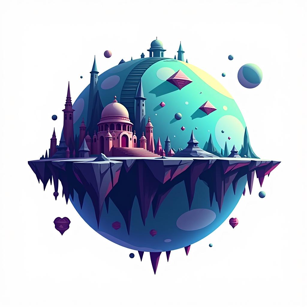  white background. left side: a simple vector graphic showing a hyper realistic alien planet's front view, featuring mysterious structures, bioluminescent patches, and sections of the planet split into floating fragments with glowing edges. unique architectural forms, and floating planetary fragments. elements adding a dynamic, otherworldly feel. cartoon and disney style.