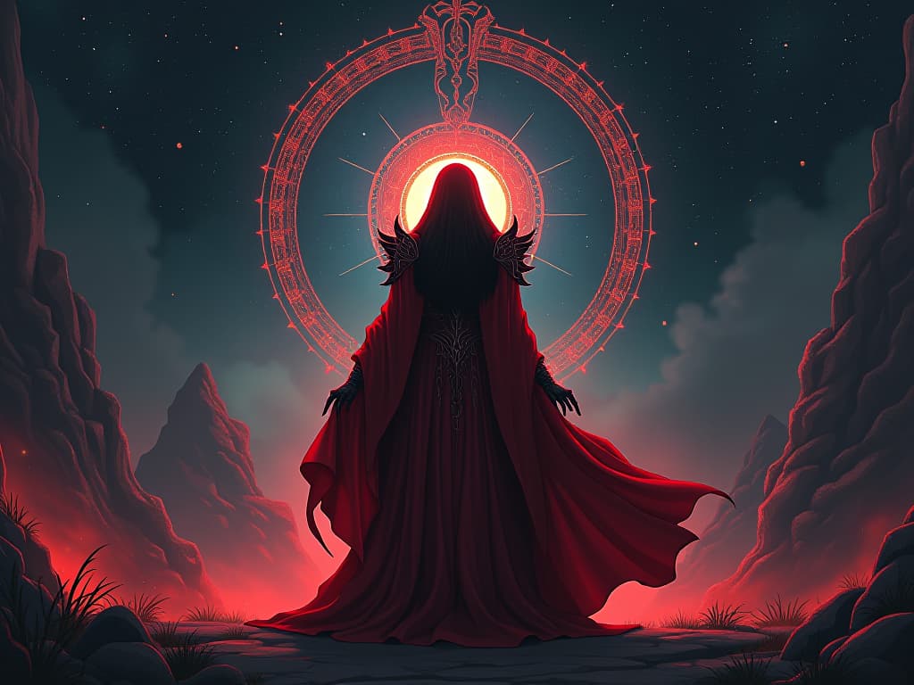  red armored warrior priestess, standing before a celestial gate, starlit sky, aura of divine purpose and destiny. the style is digital art illustration / modern comic book / graphic dark novel fantasy and mysterious occult, symbolic, moody lighting, esoteric vibe,high detail on character design. for the color scheme emphasize blacks and reds.