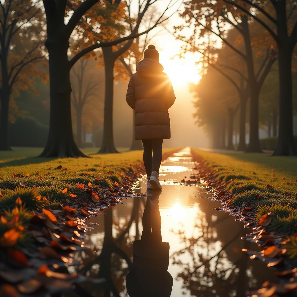  autumn park in october, the sun is shining and reflecting in a puddle. hyperrealistic, full body, detailed clothing, highly detailed, cinematic lighting, stunningly beautiful, intricate, sharp focus, f/1. 8, 85mm, (centered image composition), (professionally color graded), ((bright soft diffused light)), volumetric fog, trending on instagram, trending on tumblr, HDR 4K, 8K