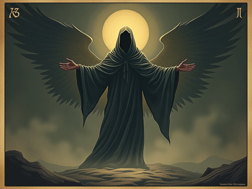  guardian of a soul, figure shrouded in an ethereal glow, protective stance, barriers of light around, resilient, steadfast. an illustration in the style of a worn, mystical old tarot trump card, mysterious and elements of surrealism. the colors are muted, somber and eerie, but with contrast bring out an occult and esoteric vibe.