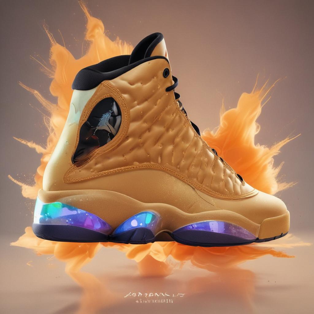 distance-shot, flashy, full-body, dynamic, holographic, animated cartoon poster of jordan 13 wheat shoes in the style of dragon ball super