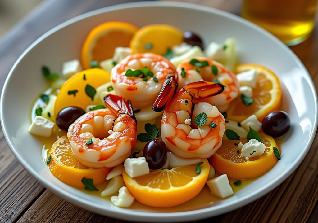  envision a vibrant and refreshing zesty fennel and orange salad with grilled shrimp, artfully arranged on a white ceramic plate. the salad features thinly sliced fennel, juicy orange segments, and perfectly grilled shrimp with visible char marks. scattered throughout are kalamata olives, crumbled feta cheese, and torn mint leaves. the dish is garnished with delicate fennel fronds and a light drizzle of olive oil, creating a glistening effect. the plate is set on a rustic wooden table with a soft, natural light illuminating the scene, highlighting the contrasting colors and textures of the ingredients., in the style of photographic hyperrealistic, full body, detailed clothing, highly detailed, cinematic lighting, stunningly beautiful, intricate, sharp focus, f/1. 8, 85mm, (centered image composition), (professionally color graded), ((bright soft diffused light)), volumetric fog, trending on instagram, trending on tumblr, HDR 4K, 8K