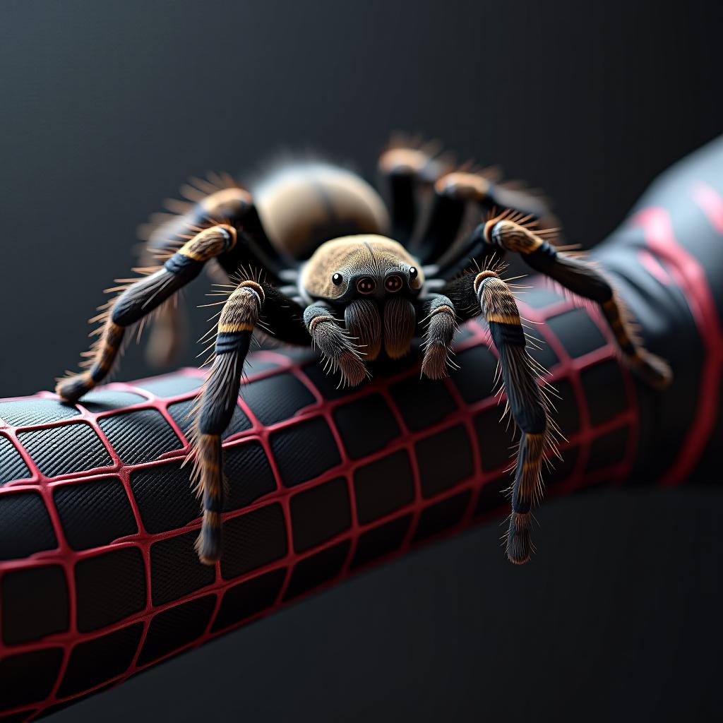  a well detailed tarantula on spider man arm hyperrealistic, full body, detailed clothing, highly detailed, cinematic lighting, stunningly beautiful, intricate, sharp focus, f/1. 8, 85mm, (centered image composition), (professionally color graded), ((bright soft diffused light)), volumetric fog, trending on instagram, trending on tumblr, HDR 4K, 8K