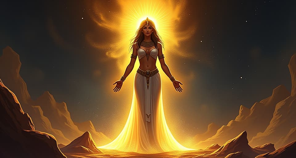  a large busted goddess, glowing brilliantly, in a sheer, form fitting gown, standing unbowed amid swirling dark energies, embodying unquenchable inner light. the style is digital art illustration / modern comic book / mysterious occult, symbolic, esoteric vibe,high detail on character design, incorporating ancient egyptian symbology and attire.