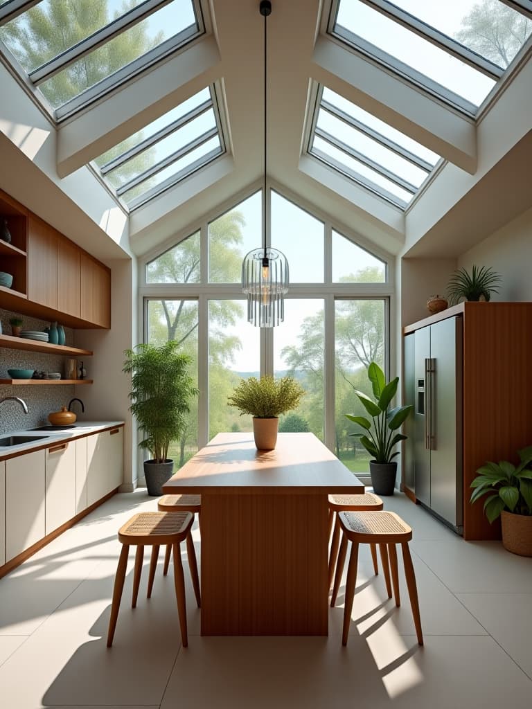  high quality portrait photo of a panoramic view of a contemporary open plan kitchen and dining area, showcasing solar panels visible through skylights, recycled glass pendant lights, and indoor plants purifying the air hyperrealistic, full body, detailed clothing, highly detailed, cinematic lighting, stunningly beautiful, intricate, sharp focus, f/1. 8, 85mm, (centered image composition), (professionally color graded), ((bright soft diffused light)), volumetric fog, trending on instagram, trending on tumblr, HDR 4K, 8K