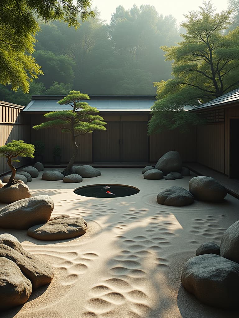  high quality portrait photo of an elegant zen inspired patio featuring a rock garden with carefully raked sand, a small koi pond, minimalist seating, and a traditional japanese tea house, surrounded by pruned bonsai trees and bamboo screens hyperrealistic, full body, detailed clothing, highly detailed, cinematic lighting, stunningly beautiful, intricate, sharp focus, f/1. 8, 85mm, (centered image composition), (professionally color graded), ((bright soft diffused light)), volumetric fog, trending on instagram, trending on tumblr, HDR 4K, 8K