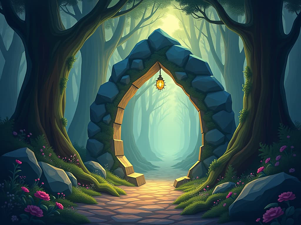  an enchanted portal standing open in a luminous, dreamlike forest. the scene is charged with anticipation and preparation for a spiritual journey.. the style is digital art illustration,highly detailed, whimsical,magical, dreamlike atmosphere, realism and fantasy blend, smooth, glossy textures,luminous quality, wonder and enchantment.