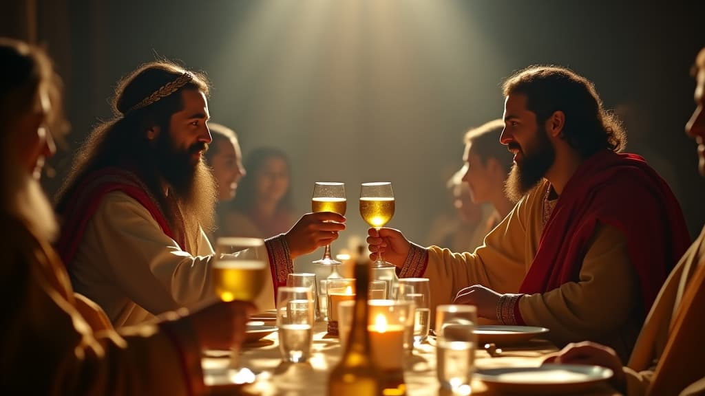  history of biblical times, the moment abimelech and isaac share a toast at the banquet, embodying reconciliation and goodwill. hyperrealistic, full body, detailed clothing, highly detailed, cinematic lighting, stunningly beautiful, intricate, sharp focus, f/1. 8, 85mm, (centered image composition), (professionally color graded), ((bright soft diffused light)), volumetric fog, trending on instagram, trending on tumblr, HDR 4K, 8K