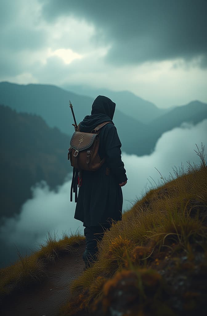  un joven vestido de negro baja un sendero de montaña empinado bajo un cielo tormentoso. la atmósfera es solitaria y tenue, con nubes oscuras y lluvia inminente, creando una sensación de desafío., realistic, portrait, art by donato giancola and greg rutkowski, realistic face, digital art, trending on artstation hyperrealistic, full body, detailed clothing, highly detailed, cinematic lighting, stunningly beautiful, intricate, sharp focus, f/1. 8, 85mm, (centered image composition), (professionally color graded), ((bright soft diffused light)), volumetric fog, trending on instagram, trending on tumblr, HDR 4K, 8K